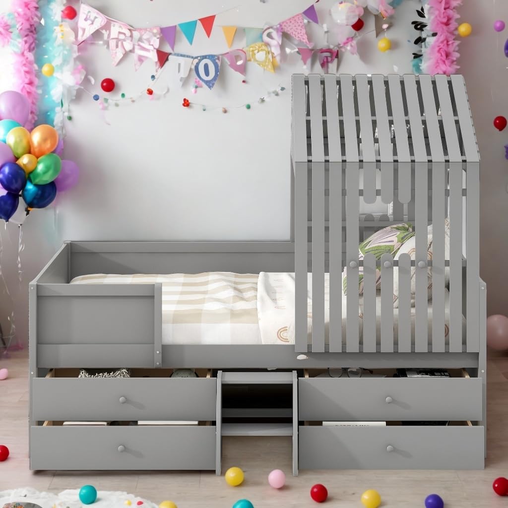 Full Size House Bed Kids with Four Drawers Grey Mid-Century Modern Contemporary Wood