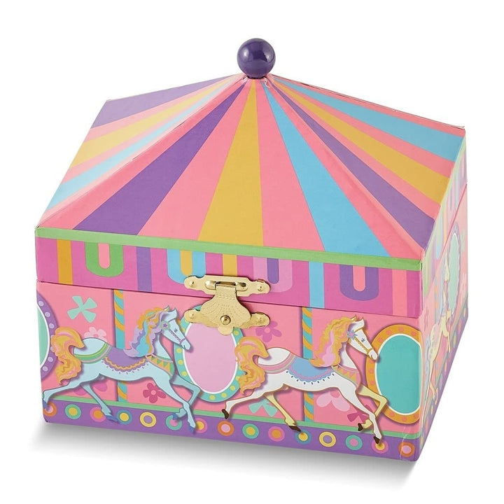 Childrens Carousel Themed Graphic Wrap with Mirror and Twirling Pony Music Box (Plays Bolero) Pink Traditional Metal