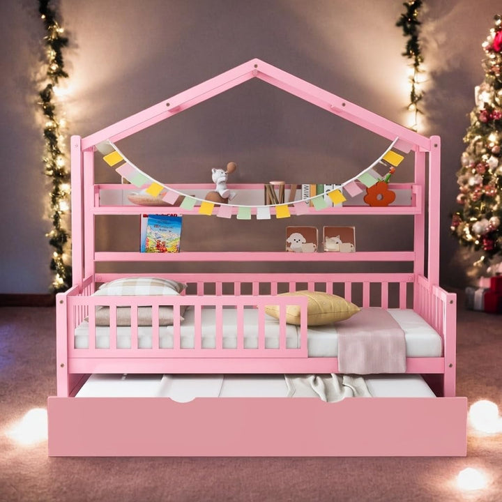 Twin Size Wooden House Bed Kids with Trundle and Shelf for Home Pink