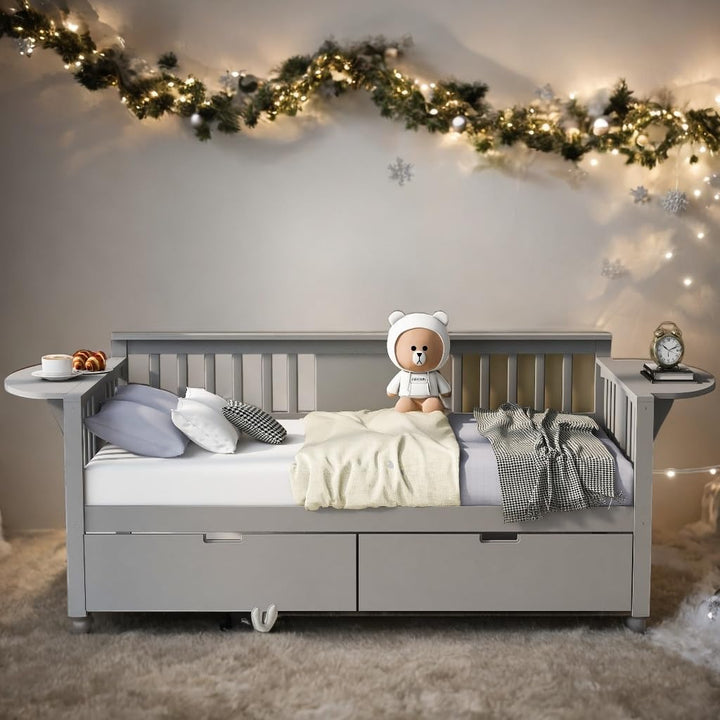 Elegant Design Twin Size Daybed Wood Bed Kids with Two Drawers Grey