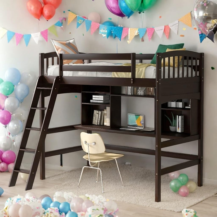 Twin Size Loft Bed with Storage Shelves Desk and Ladder Sturdy Frame