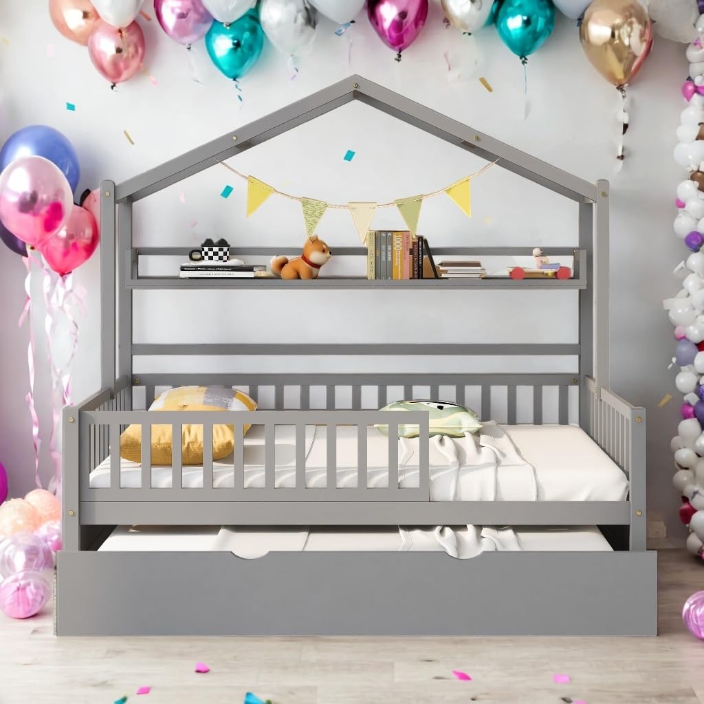 Wooden Full Size House Bed with Twin Trundle Kids Shelf Grey