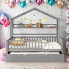 Wooden Full Size House Bed with Twin Trundle Kids Shelf Grey