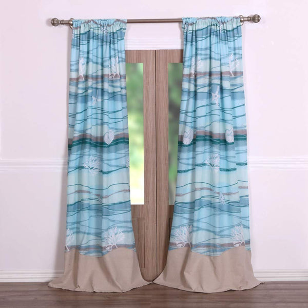 Turquoise Brown Coastal Window Curtain Set 84 Inch, Teal Nautical Drapes Sea Shells Corals Beach Animal Nature Wildlife Pattern Window Drapery For Kids Teen Rod Pocket, Cotton Linen Polyester