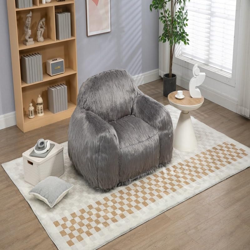 Bean Bag Chair Lazy Long Hair Sofa Bean Adult Teen High Density Foam Filled Modern Focus Grey Modern Contemporary Pattern Leather Handmade