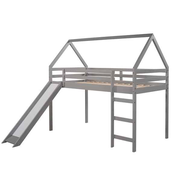 Wood Twin Size Loft Bed with Slide Ladder Solid Loftbeds Frame Safety Guardrail Roof for Kids Teens Boys Or Girls Grey Modern Contemporary Rustic Unisex Nature Space