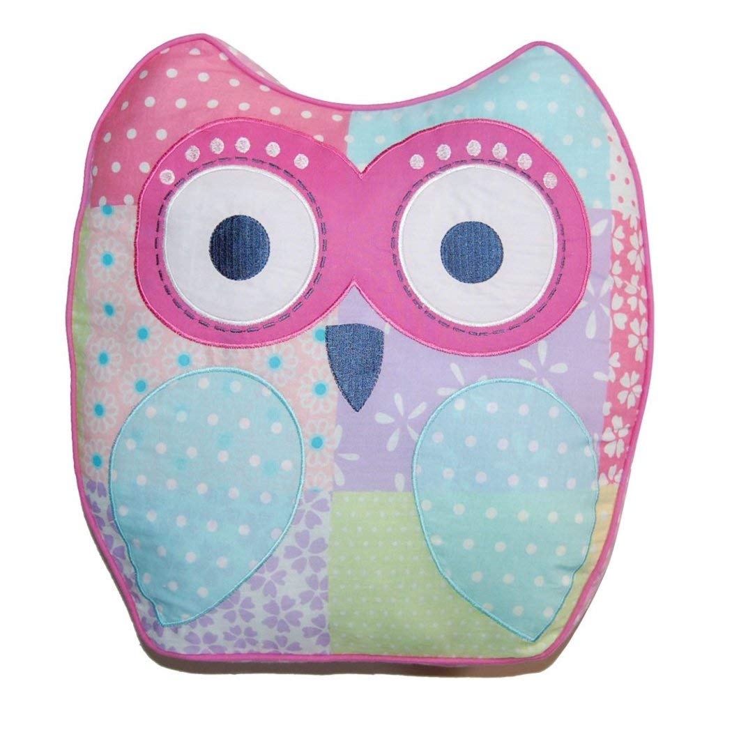 14 x 15 Kids Girls Teal Blue Pink Owl Pillow Decorative, Adorable Owls Cushion Animal Green Purple Dots Floral Owl Shaped, Indoor Use Cotton