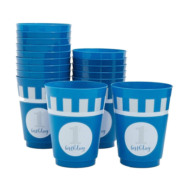 16x Plastic 16 Oz Party Cups 1st Birthday Reusable Tumblers For Kids Boys Blue White