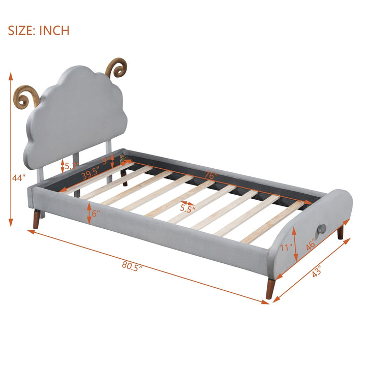 Twin Size Velvet Upholstered Platform Bed with Sheep-Shaped