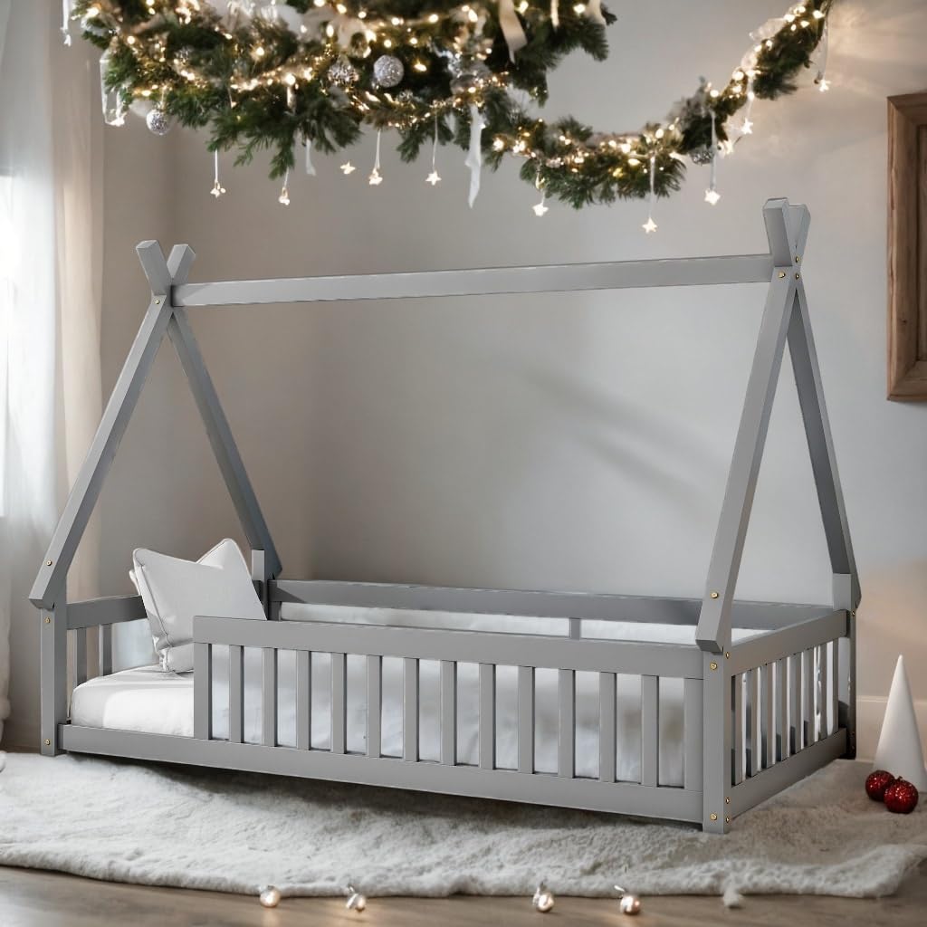 Twin Size Bed Kids Floor with Safety Guardrails Grey Mid-Century Modern Contemporary Wood