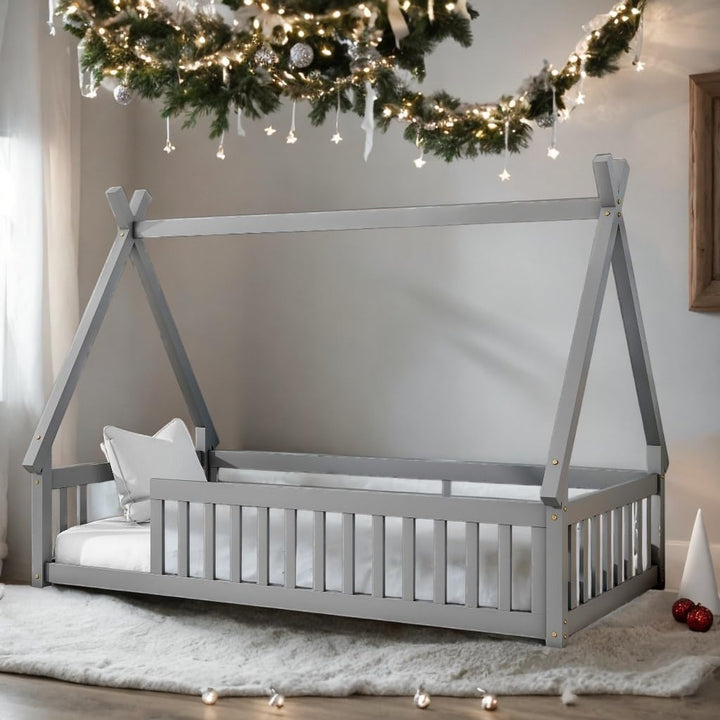 Twin Size Bed Kids Floor with Safety Guardrails Grey Mid-Century Modern Contemporary Wood