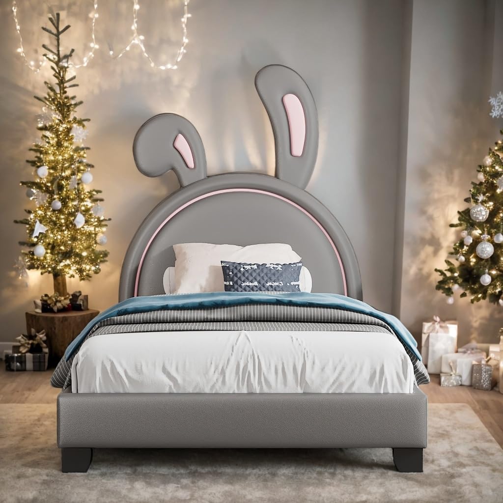 Rabbit Design Twin Size Upholstered Leather Platform Bed Kids Grey