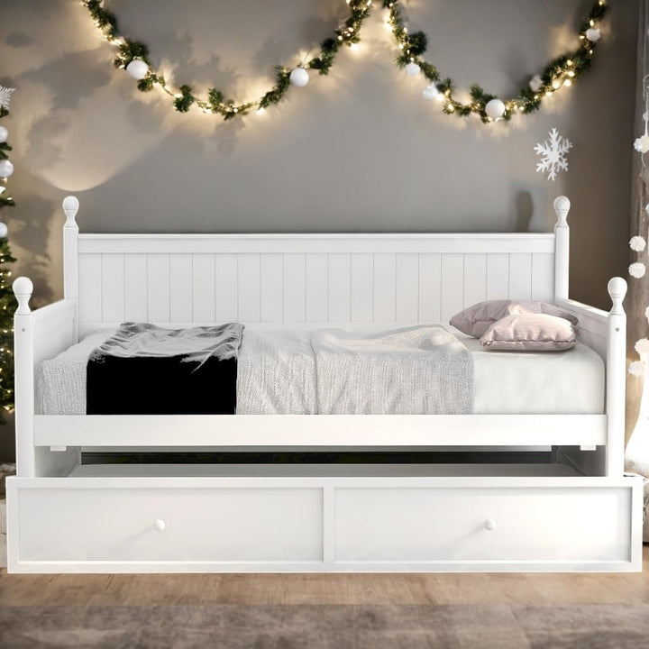 Elegant Design Twin Size Daybed Wood Bed Kids with Trundle White