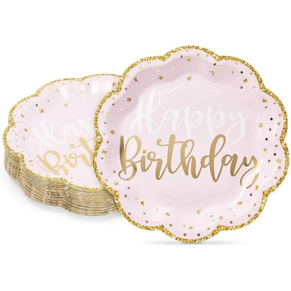 48-Pack Pink Happy Birthday Party Paper Plates Plastic