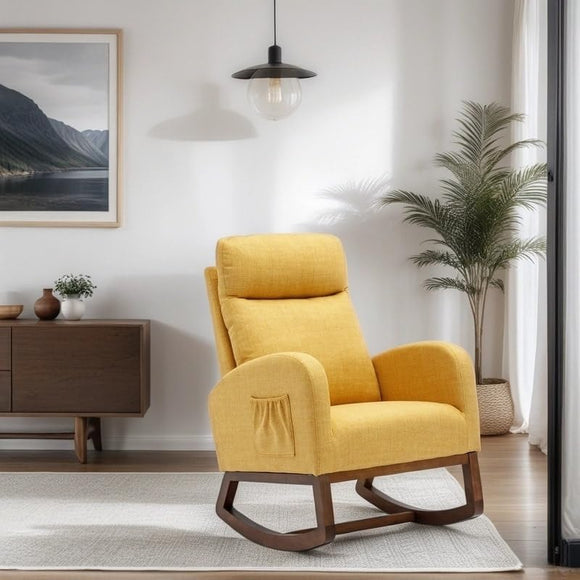 Mid-Century Nursery Rocking Arm Chair with Side Pocket Living Room Comfortable Lounge Chairs for Bedroom Office Yellow Solid Mid-Century Modern Linen