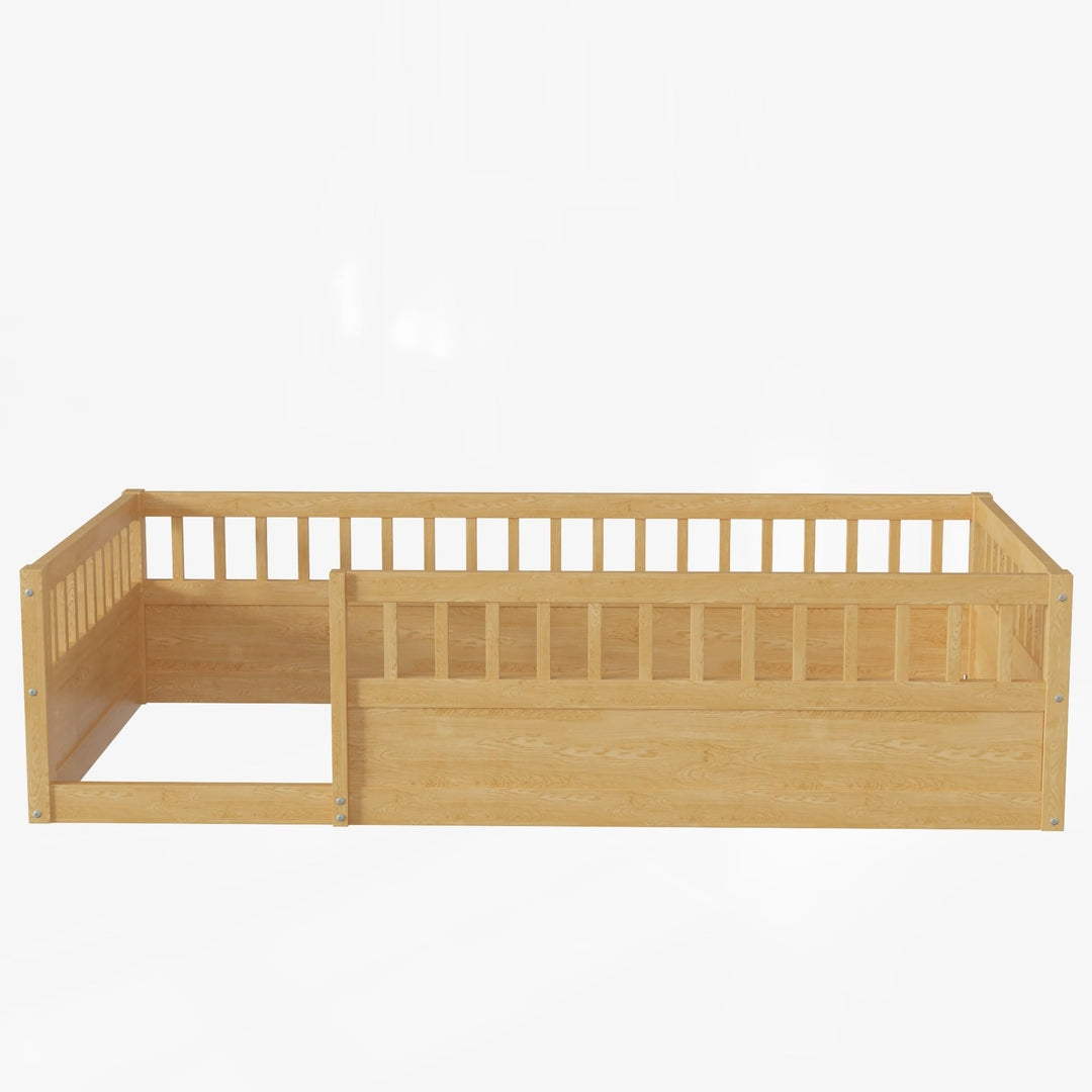 Twin Size Wood Kids Floor Beds Frame with Fence and High Guardrails