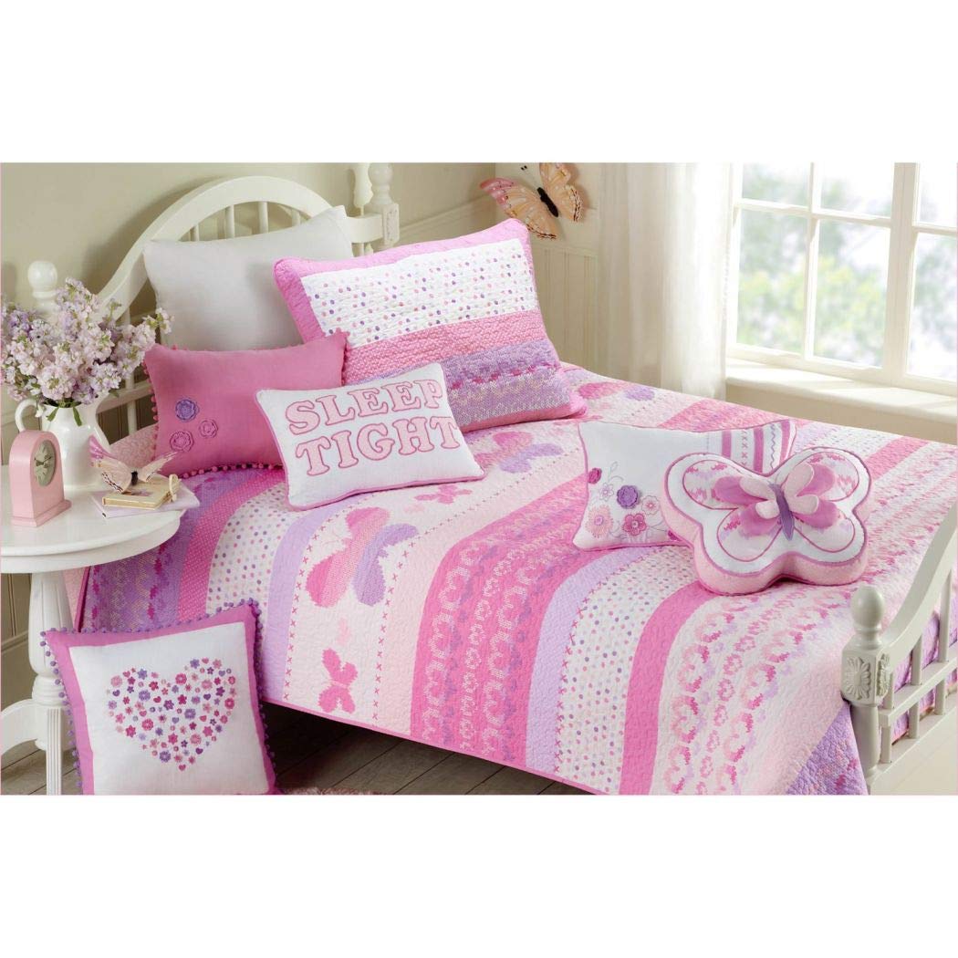 Kids Pink Butterfly Queen Size Quilt Set, Beautiful Girls Animal Print Polka Dot Heart Shapes Bedding, Pretty Purple White Floral Flowers Horizontal Stripes, Cotton