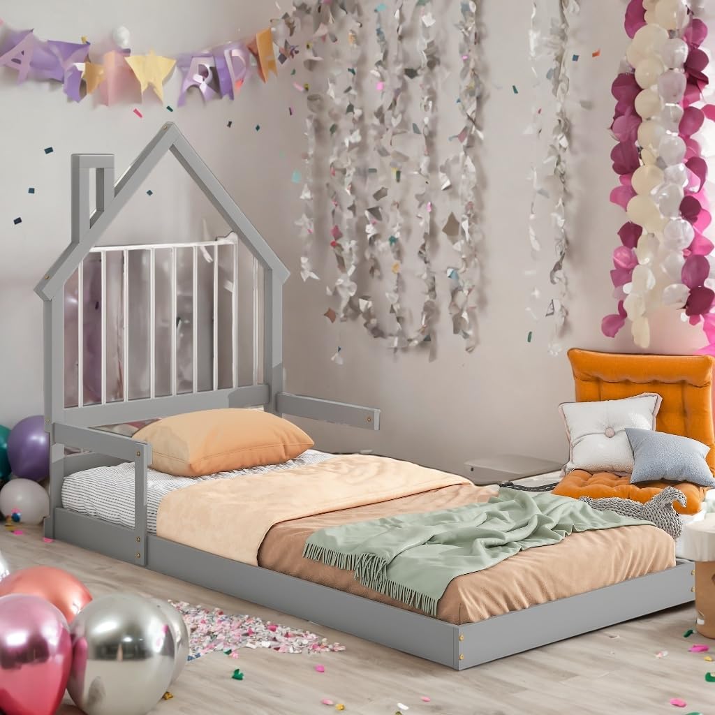 Kid-Friendly Design Twin Size Bed Kids House-Shaped Grey Mid-Century Modern Contemporary Wood