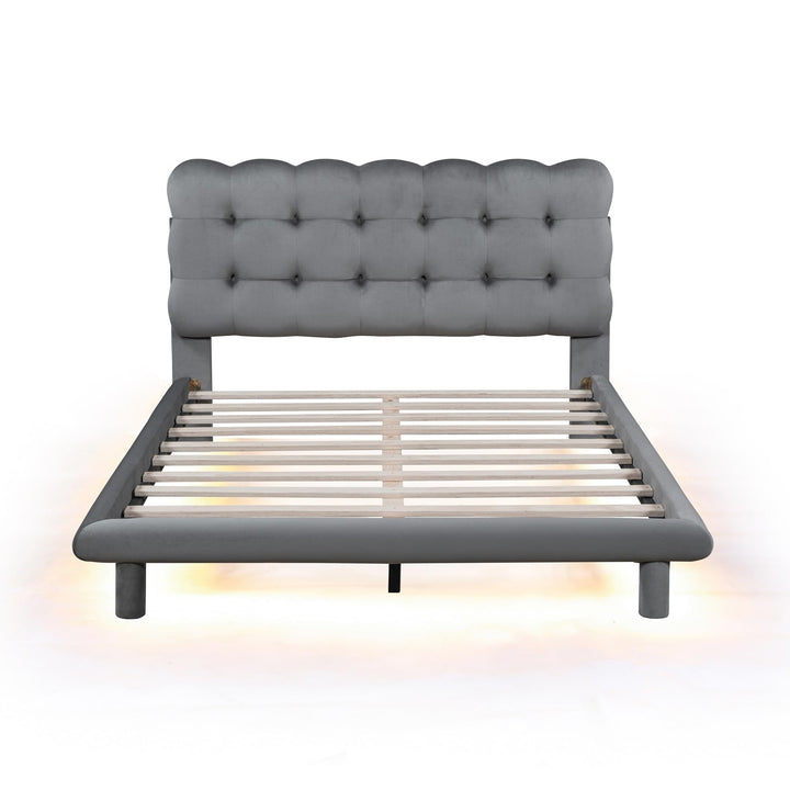 Full Velvet Platform Bed with Led Frame Button-Tufted Design Headboard