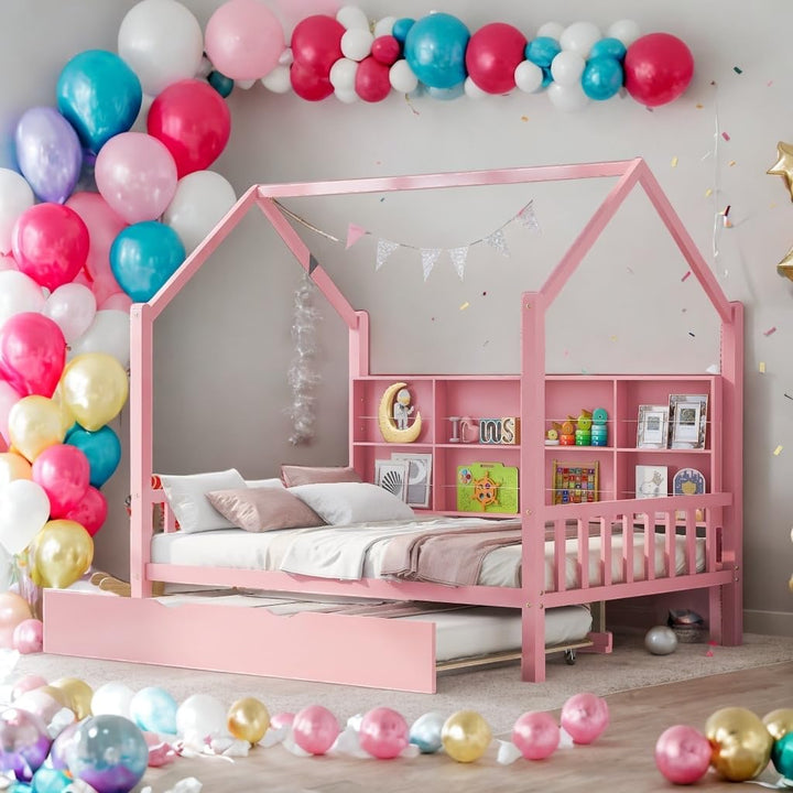 Full Size Wooden House Bed Kids with Trundle and Shelf Pink Modern Contemporary Wood