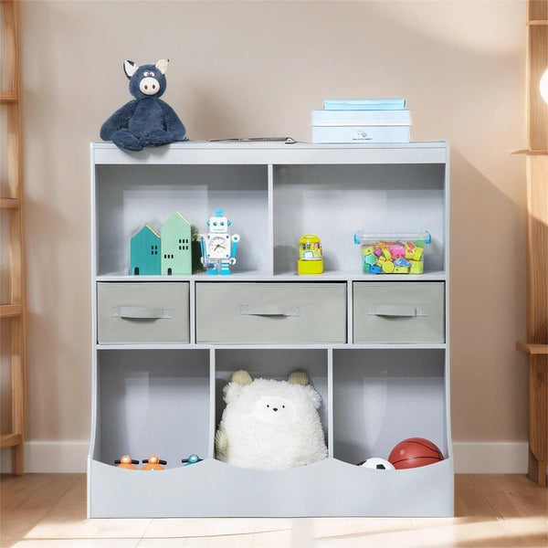 Kids Toy Storage Organizer Cabinet Display Bookshelf with Drawers Grey Modern Contemporary MDF