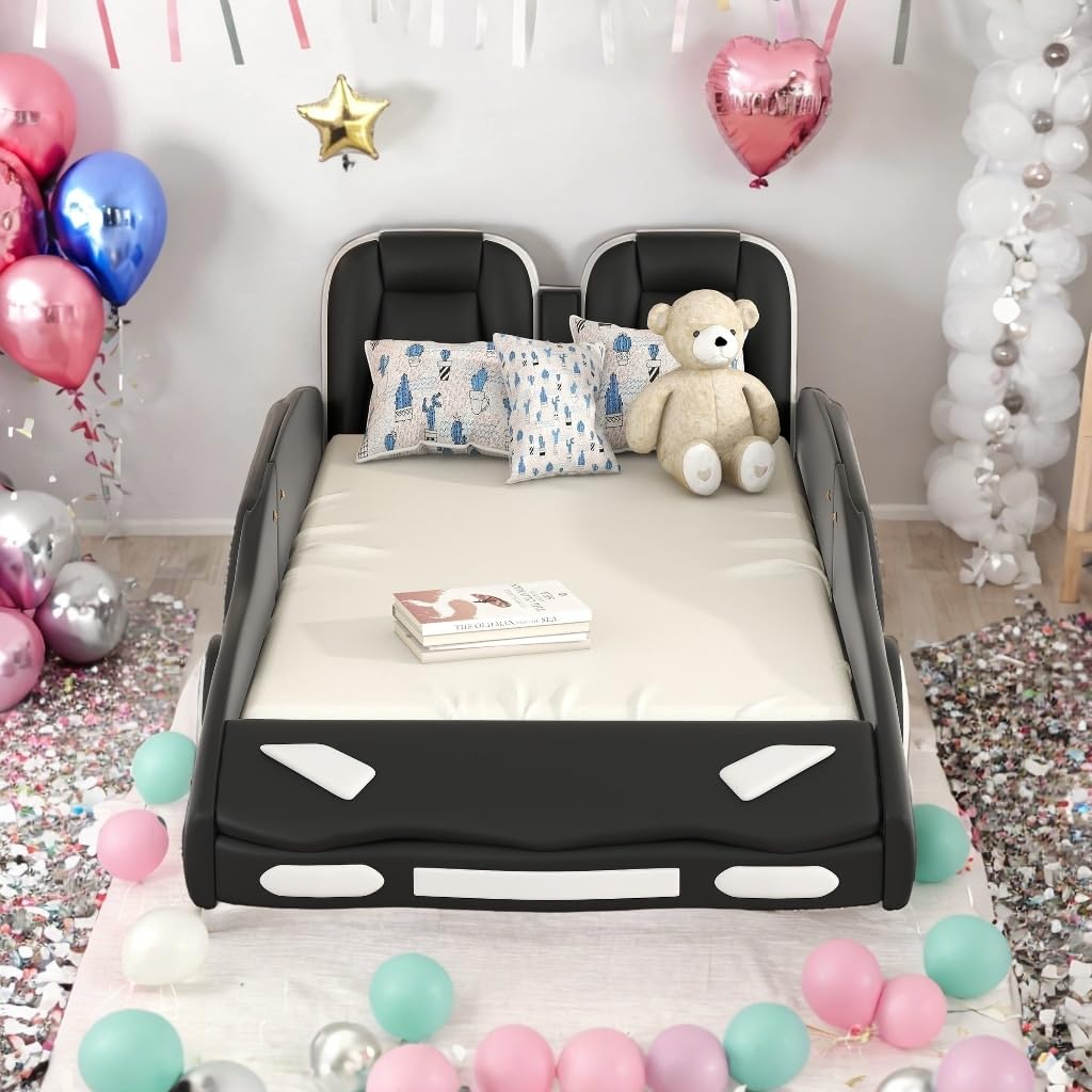 Twin Size Kids Bed Car-Shaped Platform Black Mid-Century Modern Contemporary Wood