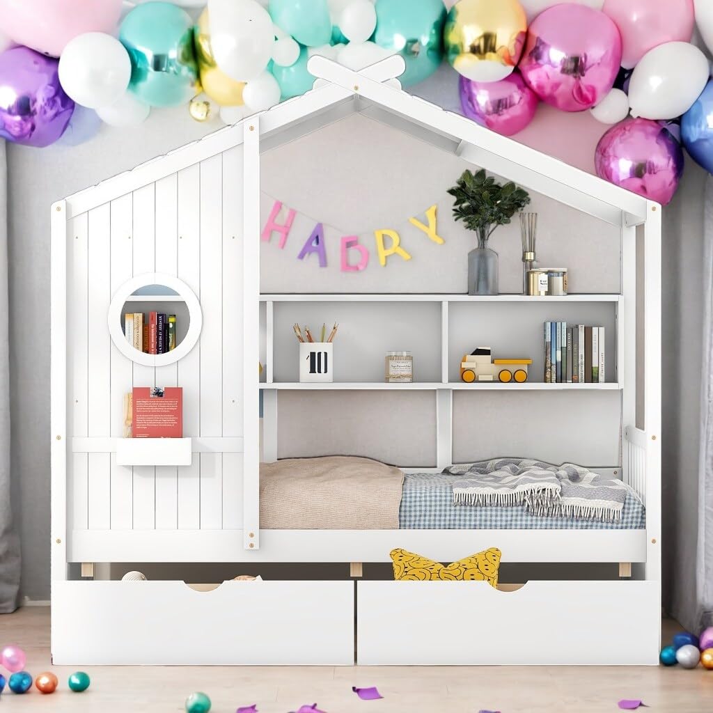 Modern Twin Size House Bed Kids with 2 Drawers and Storage Shelf Solid Construction White Contemporary Wood