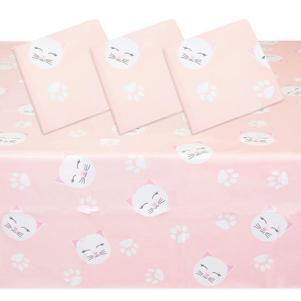 3-Pack Pink Plastic Tablecloth for Cat Birthday Rectangle Vinyl