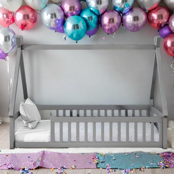 Twin Size Bed Kids Floor with Safety Guardrails Grey Mid-Century