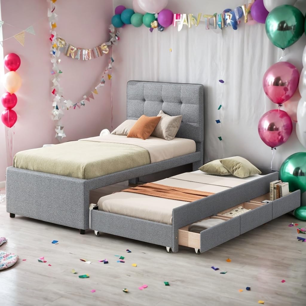 Elegant Design Twin Size Daybed Kids Bed with Pull-Out Trundle and 3 Drawers Grey Mid-Century Modern Contemporary Wood