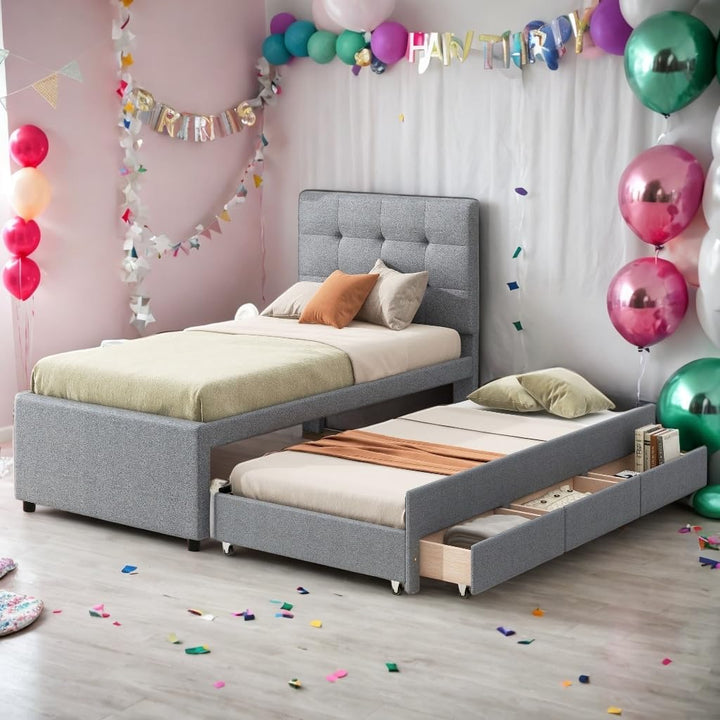 Elegant Design Twin Size Daybed Kids Bed with Pull-Out Trundle and 3 Drawers Grey Mid-Century Modern Contemporary Wood