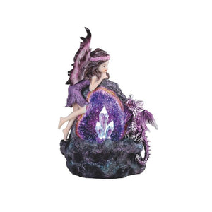 8" h Purple Fairy and Baby Dragon with Led Crystal Stone Statue Fantasy Night Light Decoration Figurine Polyresin