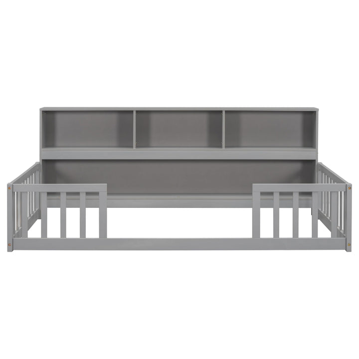 Twin Size Bed Kids Floor with Safety Guardrails Grey Mid-Century