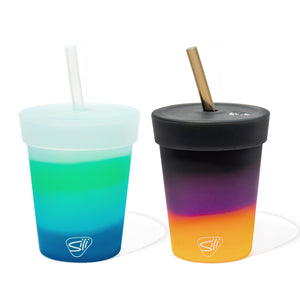 Silipint: Silicone Kids 8oz Straw Tumblers: 2 Pack - Moon Beam & Sun Storm -Unbreakable Cups, Airtight Lid, Flexible, Sustainable