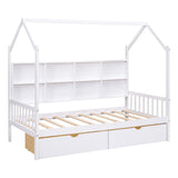 Wooden Twin Size House Bed with 2 Drawers Kids Storage Shelf White