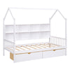 Wooden Twin Size House Bed with 2 Drawers Kids Storage Shelf White