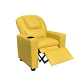 Pu Leather Kids Recliner with Cup Holder and Headrest Yellow Modern