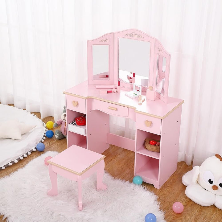 Vanity Table and Chair Set Kids Makeup Dressing Pink Includes Hardware