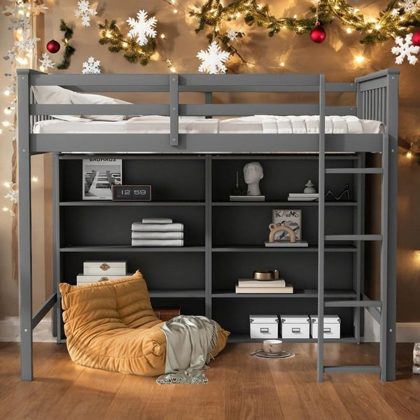 Wooden Twin Size Kids Loft Bed Frame with 8-Storage Shelves and Ladder Grey Modern Contemporary Unisex Wood Finish Includes Hardware