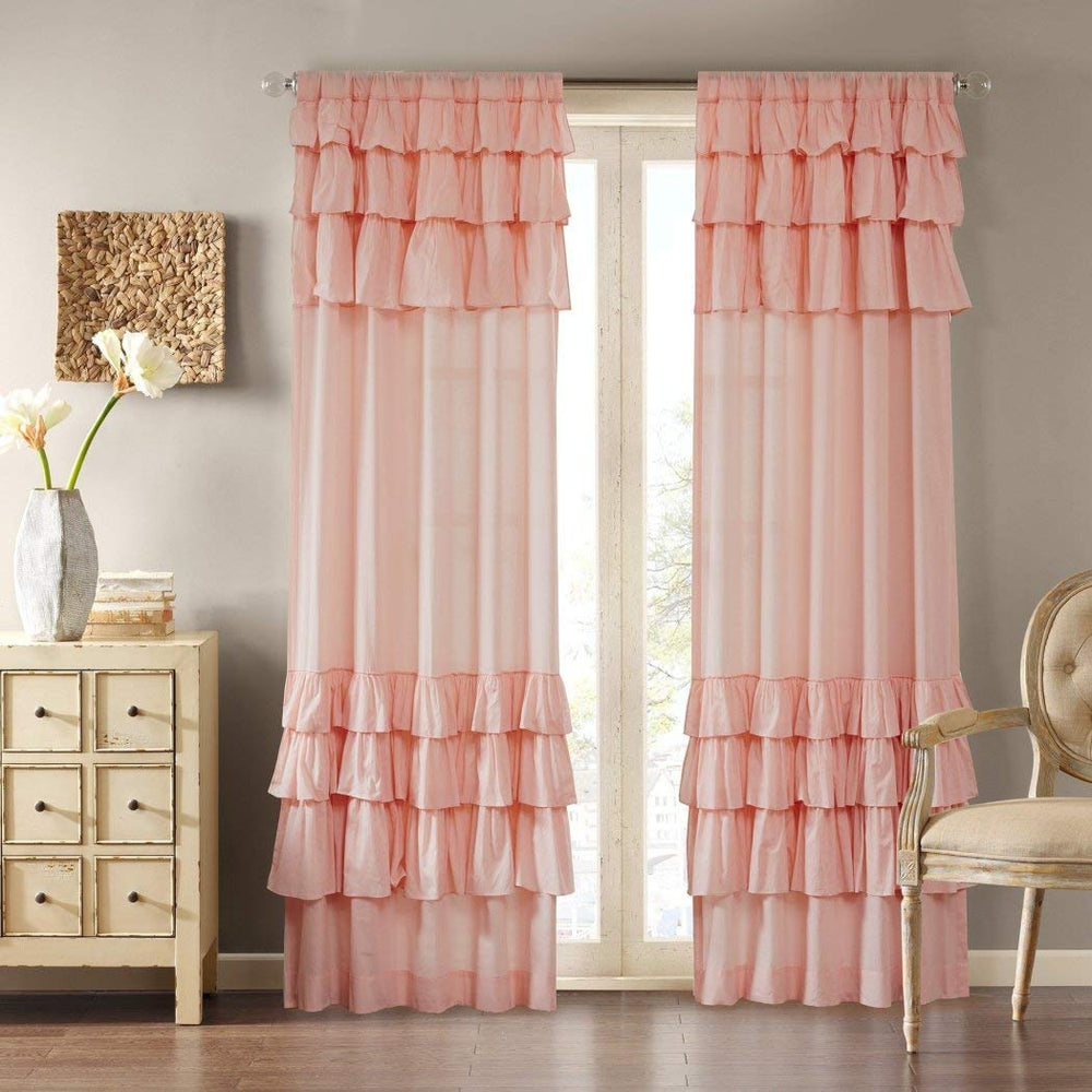 84 Inch Girls Salmon Pink Gypsy Window Curtain Single Panel, Light Pink Color Bohemian Ruffled Pattern Layered Overlapping Ruffles Gypsies Hippie Themed, Hippy Layers Solid, Kids Polyester