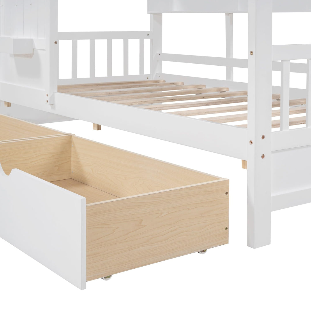 Wooden Twin Size House Bed with 2 Drawers Kids Storage Shelf White