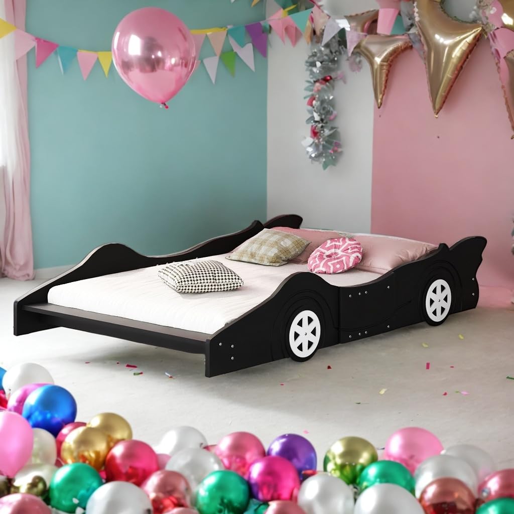 Design Full Size Car-Shaped Platform Bed Kids Black Mid-Century Modern Contemporary Wood