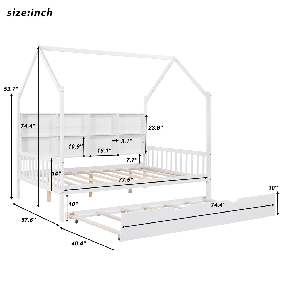 Full Size House Bed Kids with Trundle and Shelf White Mid-Century