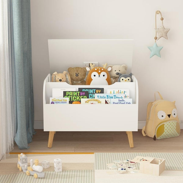 Wooden Kids Toy Box with Front Bookshelf and Flip-top Lid White Modern Contemporary MDF Wood Finish Includes Hardware