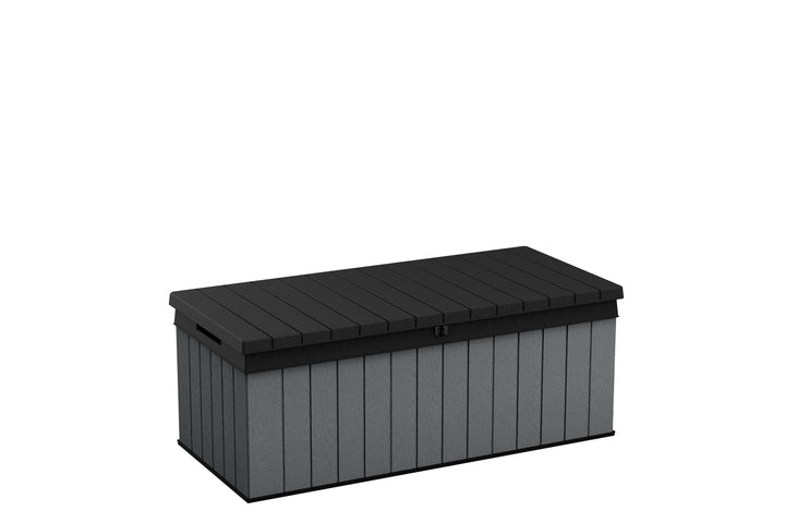 Keter Darwin 100 Gallon Resin Large Deck Box - Organization and Storage for Patio Furniture, Outdoor Cushions, Garden Tools and Pool Toys, Grey & Black