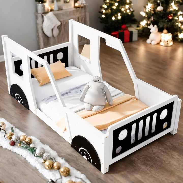 Wheels Shape Car Bed Twin Size Platform Kids White Mid-Century