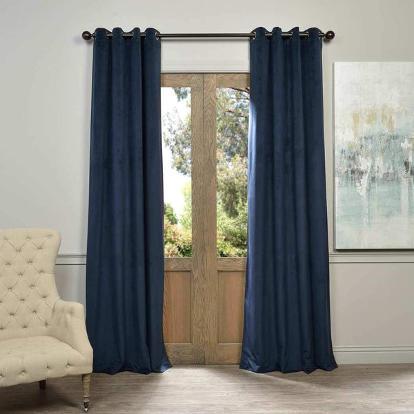 96 Inch Girls Midnight_blue Color Velvet Blackout Curtain Single Panel, Blue Allover Pattern Window Drapes, Kids Themed Energy Efficient Thermal Lined Grommet Top Playful Luxurious, Polyester