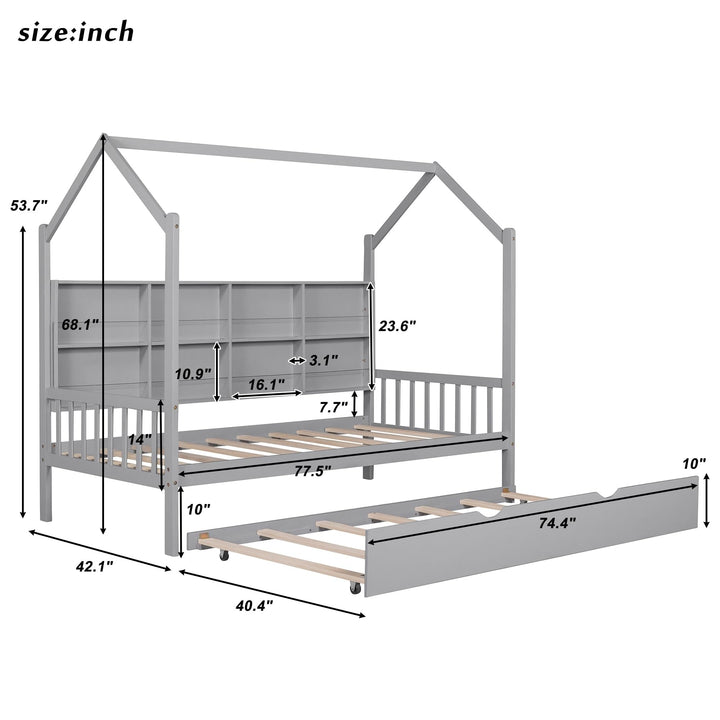 Wooden Twin Size House Bed with Trundle Kids Shelf Gray Grey