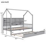 Wooden Twin Size House Bed with Trundle Kids Shelf Gray Grey