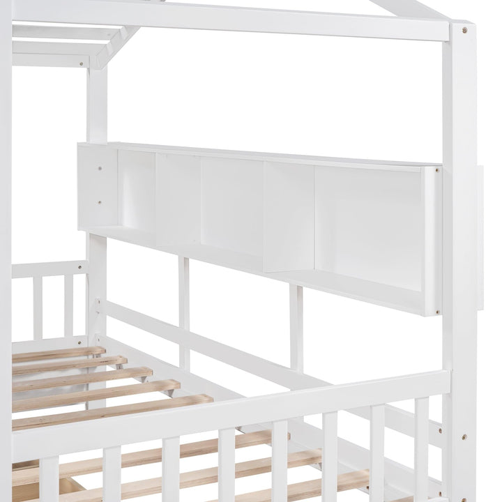 Wooden Twin Size House Bed with 2 Drawers Kids Storage Shelf White